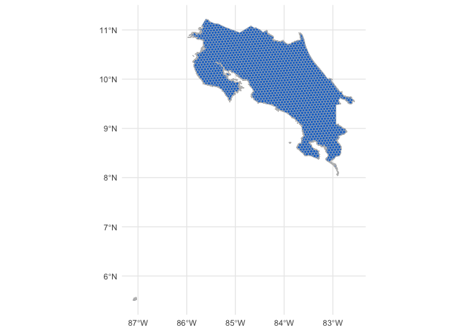 Figure 2. Hexagonal grid of resolution 6 for Costa Rica.