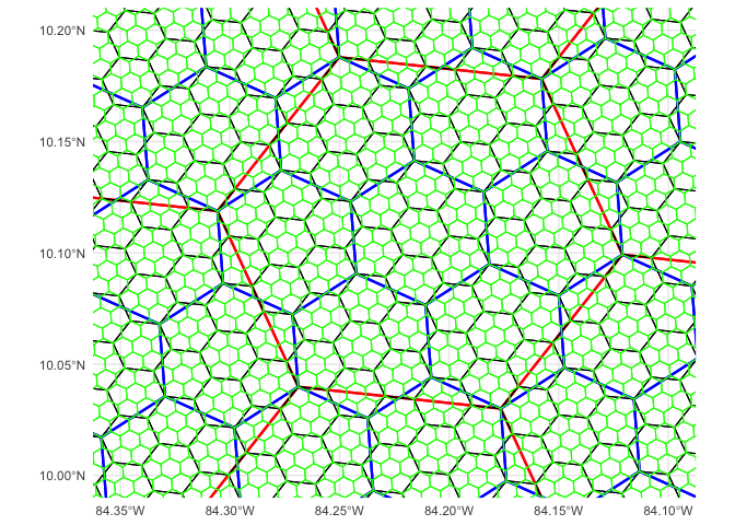 Figure 4. Hierarchical hexagonal grids of resolution 5, 6, 7, 8. Every hexagonal cell has seven child cells below it in this hierarchy.  